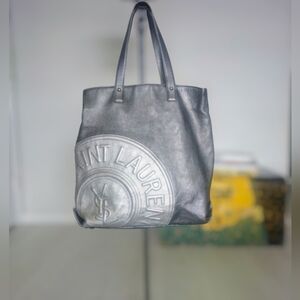 Rare VTG Yves Saint Laurent Rive Gauche  Mentallic Silver Tote Shoulder Bag.